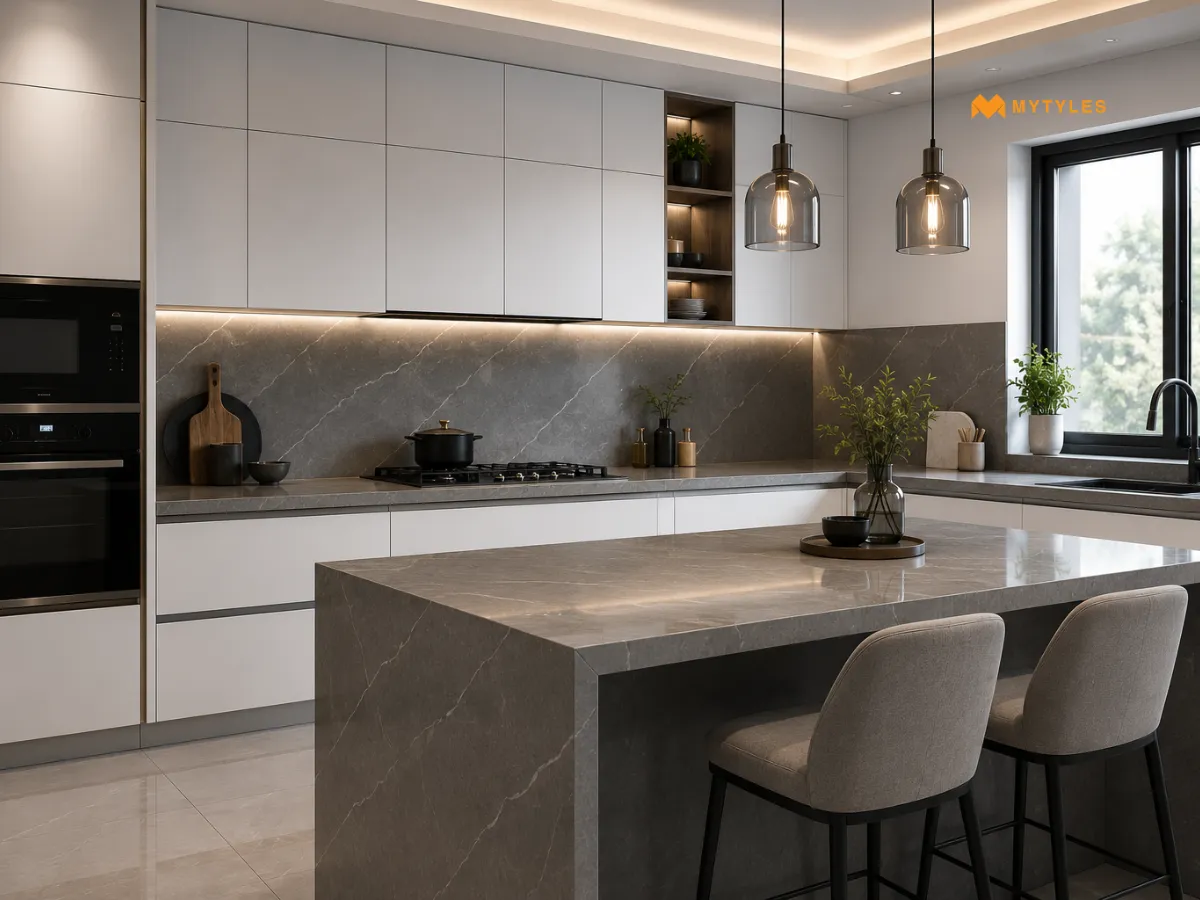 Grey Countertop and White Cabinets